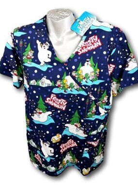 Scrubs Top Xmas Frosty The Snowman Blue L 2XL 3XL Warner Bro NEW